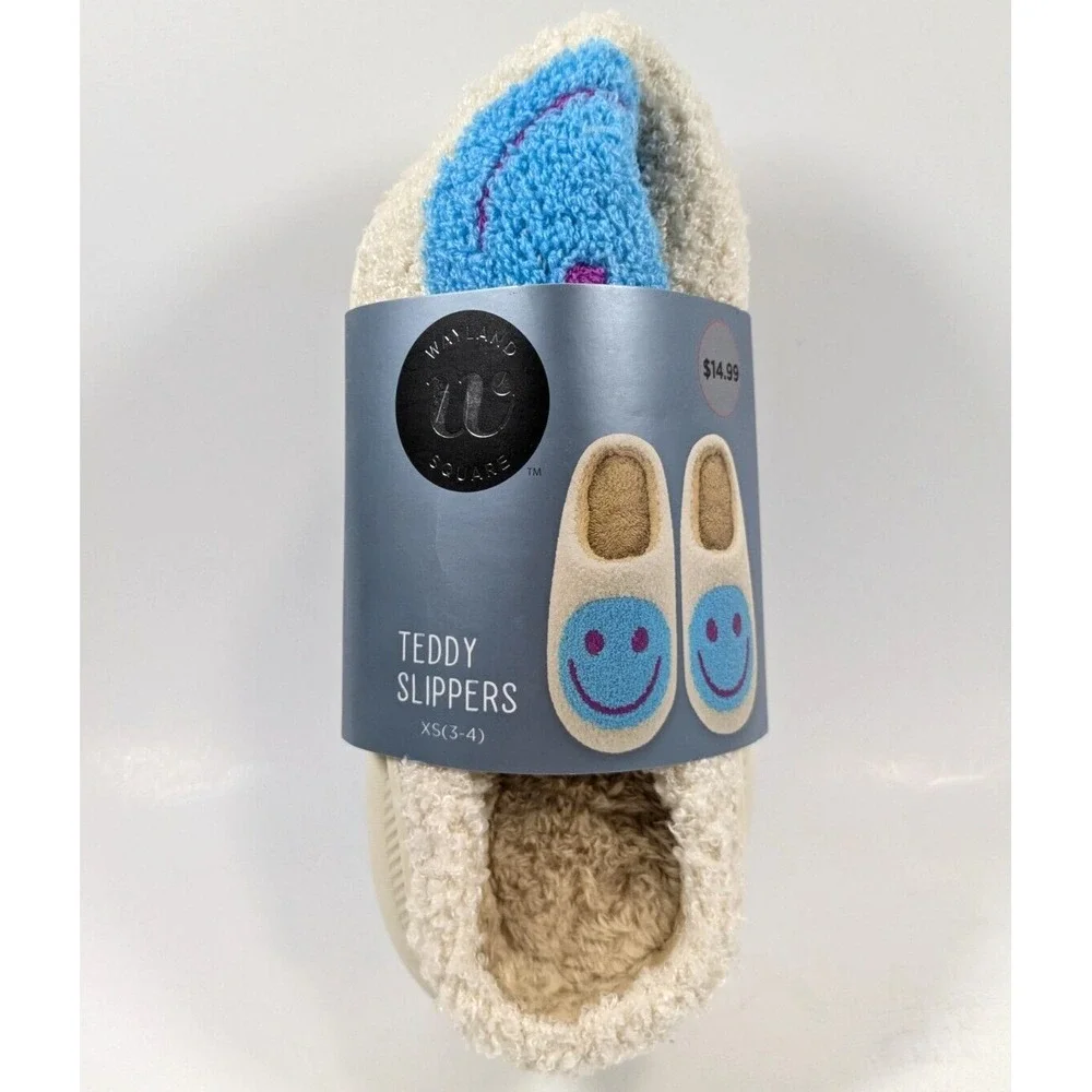 Wayland Square Smiley FaceTeddy Slippers Women's Size XSmall (3-4) Blue & White